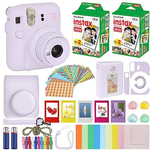Fujifilm Instax Mini 12 Appareil photo instantané Lilas violet + étui de transport + pack économique Fuji Instax Film (40 feuilles), lot d'accessoires, filtres de couleur, album photo, cadres assortis