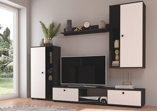 Kuechen-preisbombe Wohnwand Salsa 2 Lamellenoptik Anbauwand Schrankwand MDF Weiss matt + Grau