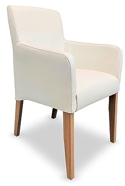 Quattro Meble Weiß Echtleder Esszimmerstühle Massivholz Stühle David Arm Lederstühle Sessel mit Armlehnen Echt Leder Esszimmer Stuhl Altweiß