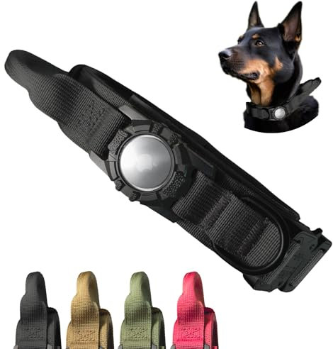 Strapazierfähiges taktisches Hundehalsband – AirTag-Halterung und Griff – verstellbares GPS-AirTag-Halsband für mittelgroße bis extra große Hunde (Größe M, Schwarz)