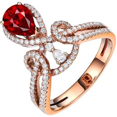 Ring For Couples, Eternity Ring 18 Karat Roségold Krone Lab Rubin Rot Tropfenschliff Vvs mit Diamant Natur Weiß Größe 57 (18.1) Gravur für Neujahr