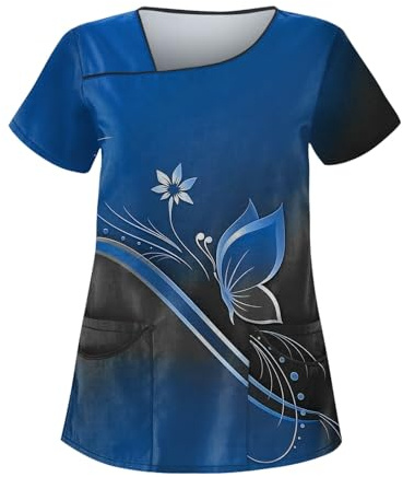 Weihnachtsbaum-Shirts Damen Freizeit Schlupfhose Damen Dehnbar Kasacks Damen Pflege Weihnachten Motiv Bunt Pflege Kasack Unisex Laborkittel Damen（Blau,M