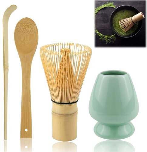 NIUQICT Juego de batidores Matcha, 4 piezas, incluye batidor de matcha, 2 cucharas de matcha, soporte de cerámica para cepillo de té, juego de utensilios de acero inoxidable, SY070096, apto para