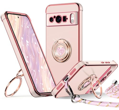 XYZ Cover per Google Pixel 8 Pro con Supporto, Custodia con Doppio Anello a Forma di Cuore con Cordino per Ragazze e Donne, Cover Protettiva di Lusso per Pixel 8 Pro, Rosa