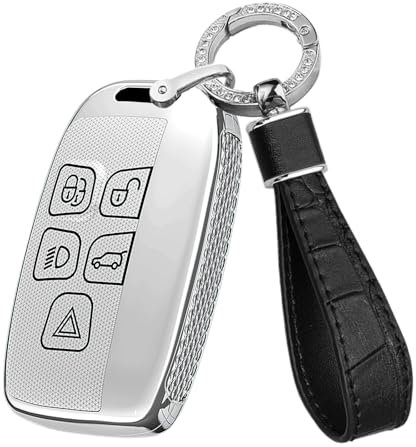 TECART Autoschlüssel etui Schlüsseltasche für L-and Rover Discovery 5 R-ange Rover Evoque Sport Vogue Schutzhülle für Jaguar E-PACE I-PACE Schlüsselgehäuse Schlüsselanhänger 5 Tasten-A Silber