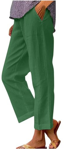 Hose Damen Sommer Freizeit Leinenhose Lang Locker Sommerhose Baumwolle Gerades Bein Leinenhose Casual Einfarbig Bequeme Stoffhose Leicht Strandhose mit Taschen Lightning Deals Armeegrün S