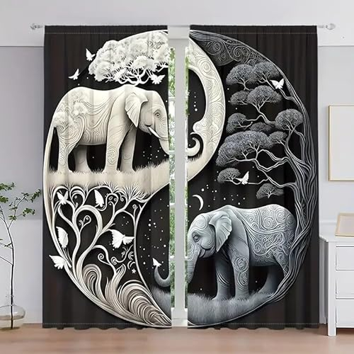 MLUNKQAIL Verdunklungsvorhänge Elefant Vorhänge Blickdicht Baum Gardinen mit Ösen Wärmedämmvorhang Verdunklungsdekoschal Gardinen Wohnzimmer 2Er Set 50X140cm (BxH)
