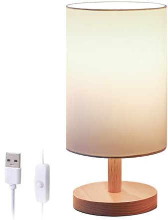 USB Bedside Lamps, Lampada da Comodino, Abat Jour da Comodino, Paralume in Lino, con Classico interruttore di Accensione/Spegnimento, per Camera Letto, Lettura, Soggiorno, Base in Legno, Bianca