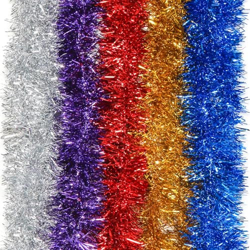 Weihnachtsgirlanden Bunt, 5pcs Lametta Girlande, 2m Lametta Weihnachtsbaum, Lametta Girlande Weihnachten, Weihnachtsdeko Lametta für Weihnachtsbaum, Weihnachtsfeier, Geburtstagsparty Deko