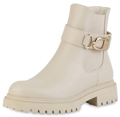 VAN HILL Damen Biker Boots Blockabsatz Profilsohle Trendy Schuhe 215970 Beige 39