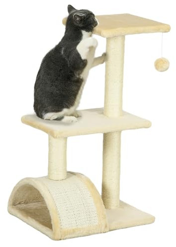 PawHut Árbol Rascador para Gatos Mediano Árbol para Gatos de 3 Niveles con Postes de Sisal Tablero para Rascar y Bola Colgante Crema