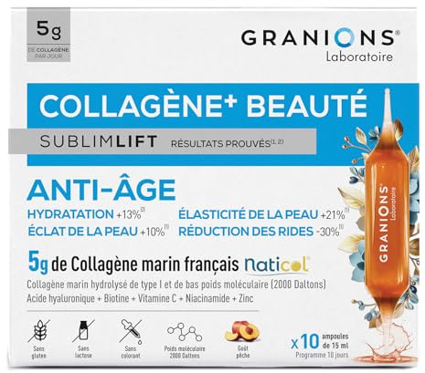 Granions - Sublimlift - Collagene Marin - Acide Hyaluronique - Goût Peche | Fabriqué en France, Breveté, Peptide De Collagene, Hydratation De Peau, Anti Ride, Vitamine C, Coenzyme Q10, 10 Ampoules