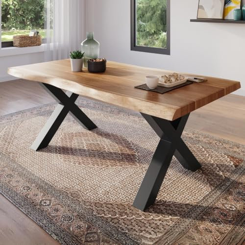 trelevo Esszimmertisch 160x85 cm, Akazienholz massiv, Tischplatte naturfarben, echte Baumkante, X-Gestell schwarz, Baumkantentisch