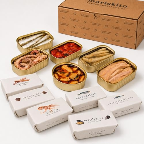 MARISKITO | Pack Conservas Gourmet Gallegas “La Mar de Sensaciones” – Caja Regalo - 6 Conservas Premium – Mejillones, Pulpo, Navajas, Zamburiñas, Ventresca y Sardinillas – Estuche Delicatessen