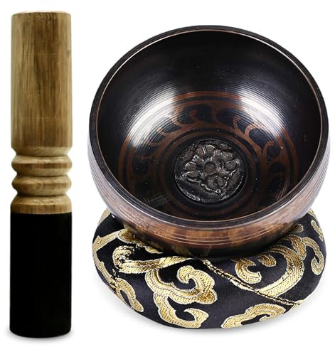 PRITOK Tibetan Singing Bowl Set for Meditation and Yoga: Handcrafted Sound Bowl with Leather Clapper & Cushion, Chakra Healing Stress Relief Spiritual Gifts, Black Cushion (8 cm)