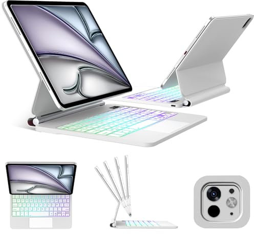 FOGARI Magic Clavier pour iPad Air 13'' (M3,M2)/ Pro 12.9(6e, 5e, 4e, 3e Gén), Étui Trackpad Clavier AZERTY Français Rétroéclairage pour iPad Air 13 (2025,2024)/ Pro 12.9 (2022-2018),Blanc