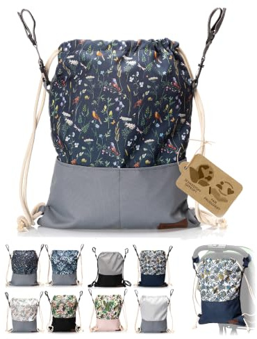Wickeltasche Kinderwagen mit Rucksackfunktion, Modell 3 | leichter Beutel, wasserdicht & robust, mit Reißverschluss, Tunnelzug & Baumwollkordeln, für Alltag