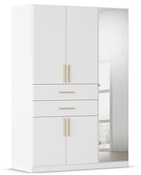Rauch Möbel Norwich Drehtürenschrank, Kleiderschrank, Schrank, Garderobe 5-türig, 1 Spiegeltüre, 2 Schubladen, Farbe Weiß, Griffprofil Eiche Massiv, 136x197x54cm