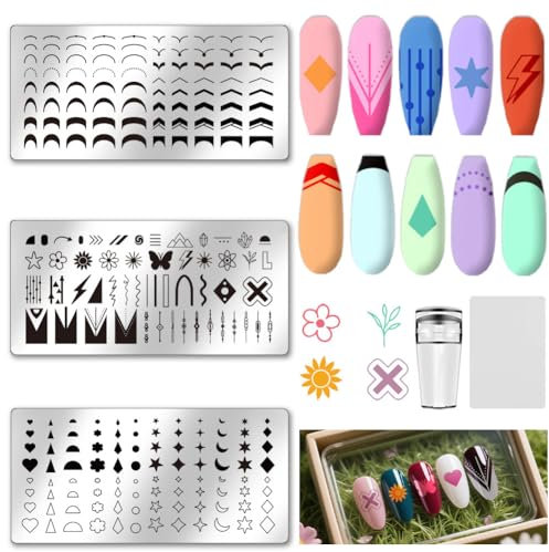 UNICRAFTALE 3 Stück Nagel Stempelset French Nagel Stempelplatte French Line Spitze Blumen Herz Bild Nagelschablonen Nagelkunst DIY Stempelvorlage Mit Nagelschaber Für Frauen Nageldesign Werkzeuge