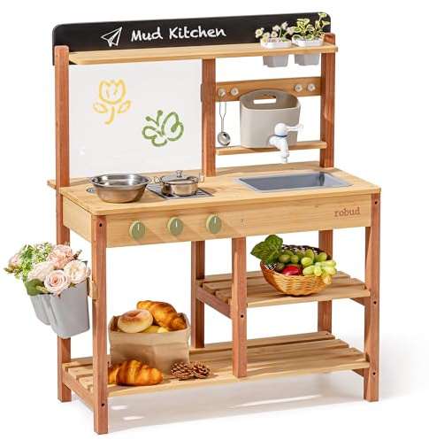 ROBUD Matschküche aus Holz – Outdoor Spielküche mit Zubehör & Maltafel – Rollenspielzeug für Kinder ab 3 Jahren