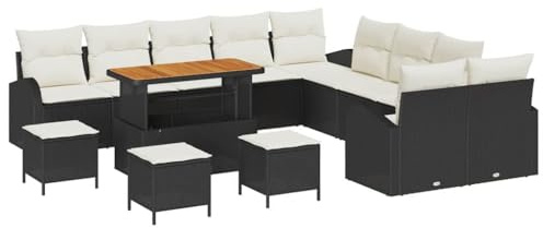 vidaXL 14-teilige Garten-Sofa-Garnitur mit Kissen in Schwarz aus Poly-Rattan und Akazienholz. Perfekt für Balkon, Terrasse, Lounge, Wohnzimmer oder Patio im Frühling und Sommer.