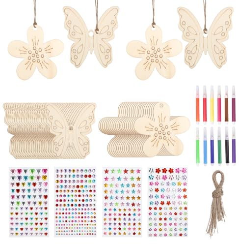 Sploziia Bastelsets Für Kinder - 56 Stück Holz Basteln Kinder, Holzanhänger Zum Bemalen, Enthält Hölzerne Schmetterling Deko Und Blumen Deko Mit Aquarellstiften Und Aufklebern Zur Dekoration