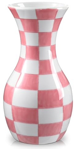 Hollyone Rosa und Weiß Blumenvase, 27CM Keramikvase mit Breiter Öffnung und Blockmuster, Große Retro Chinoiserie Vase Deko, Vintage Vase für Blumen Tisch Centerpiece Wohnzimmer Dekoration