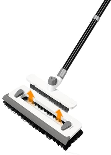 3 in 1 Floor Scrub Brush with Long Handle 55 Push Broom Stiff Bristle Scrubber Tool Squeegee Scrape & Detachable V-Grout Brush for Bathroom Kitchen Tile Deck Patio Garage Concrete Wall Cleaning Tool