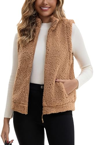 FEOYA Teddy Fleece Weste Damen Fleeceweste Ärmellose Herbstmantel Fell Weste Plüschweste Warm Teddyjacke Weich Pelzjacke mit Taschen Khaki M