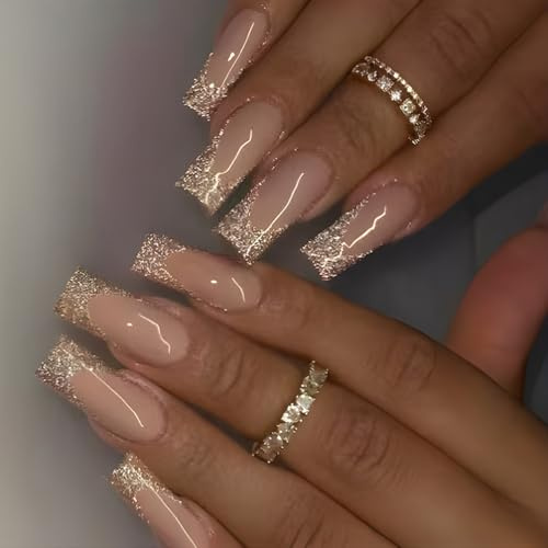 Lot de 24 faux ongles longs carrés en acrylique français - Facile à utiliser pour les amateurs - Long carré