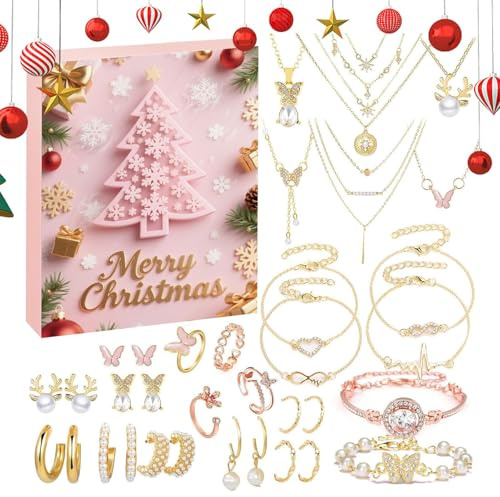 Adventskalender für Schmuck – Geschenke für Weihnachten 24 Tage 2025 | Schmuck-Set für Mädchen mit Ohrringen, Halskette, Armband zum Countdown – für Erwachsene, Damen, Familie, Geburtstag, Se référer