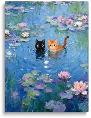 TimAsh Monet Water Lilies with Cat Wall Art, Framed Vintage Canvas Decor Playful Black Cat & Orange Cat Print for Living Room Bedroom Bathroom and Office 24L x 16W