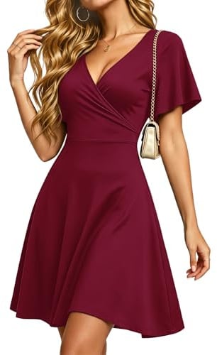 PLMOKEN Summer Dresses Women UK Sexy Deep V Neck Beach Wrap Dresses Ladies Ruffle Sleeve Wedding Guest Dress with Pockets Wine Red M