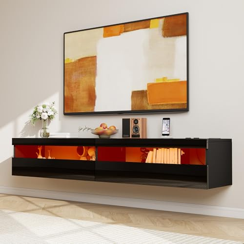 Winlice Meuble TV Murale Flottant 180 cm avec Éclairage LED & Prise de Courant,Console TV Moderne Haute Brillance avec Rangement,Support TV Murale pour Téléviseurs 65/75/80 Pouces,Noir