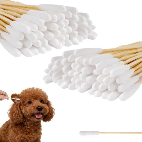 CATZUM 100 Stück Hunde Wattestäbchen, 1 Größe Haustiere Ohrreiniger Lang, Ohrreinigungsstäbchen mit Breiter Kopf - für Hunde, Katzen (12cm)