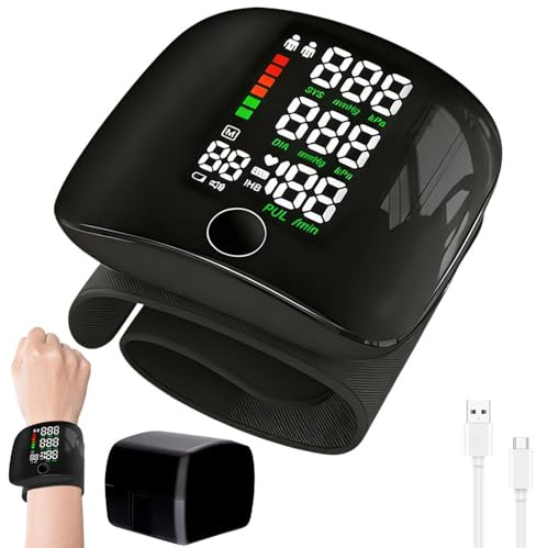 Wrist Blood Pressure Monitor, Automatic Blood Pressure Monitors Wrist with LED, Blood Pressure Machine, Rechargeable Wrist Bp Monitor Voice with 99x2 Reading Memory for Adult Elder Home, Black