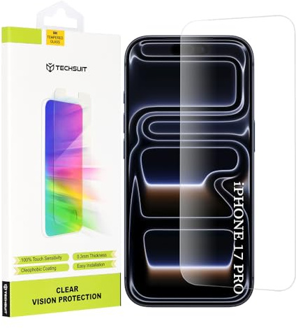 Techsuit Displayschutzfolie für iPhone 17 Pro Gehärtetes Glas mit 9H Härte, Hüllenfreundlich, Stoßschutz, Oleophobe Beschichtung, Anti Fingerabdruck, Clear Vision