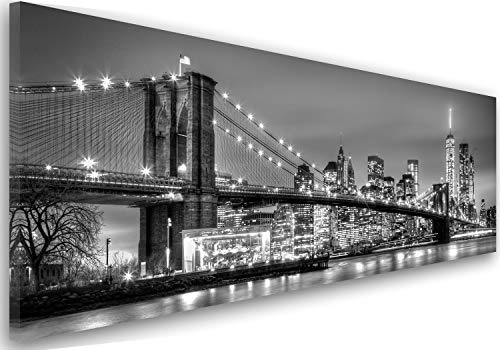 Feeby Bilder Brooklyn Bridge New York 90x30 cm Wohnzimmer Schlafzimmer Büro Flur Küche Modern Bild auf Leinwand Kunstdruck Design Stadt Wasser Gebäude Wolkenkratzer Architektur Ansicht Schwarz-Weiss