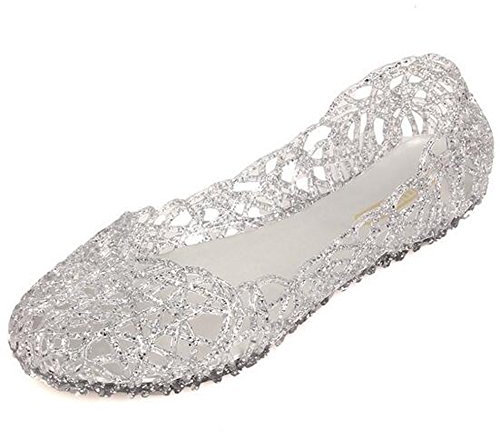 SUNAVY Damen Hohl Flach Gelee Sandalen Bird-Nest Ballett Weich Plastik Schuh,37 EU, Silber