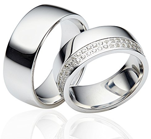 JC Trauringe Silber 925 Paarpreis Eheringe I Partnerringe mit kostenfreier Gravur + Etui I 2 Hochzeitsringe Herrenring ohne & Damenring mit Steinen I LC07