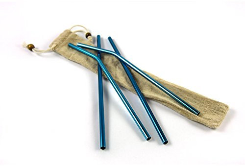 4er Pack Edelstahl-Strohhalm Set – Wiederverwendbare Trinkhalme aus Metall mit Reinigungsbürste und Beutel. Gebogen, blau