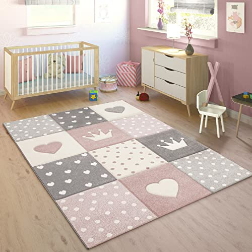 Paco Home Kinderteppich Pastellfarben Kariert Punkte Herzen Krone, Grösse:133 cm Quadrat