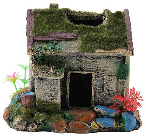 Aquariumhaus aus Kunstharz, antikes Haus, Aquarium-Landschaftsbau, Fische, Garnelennest, Beflockung, Versteckhöhle mit Moos als Aquarium-Ornament