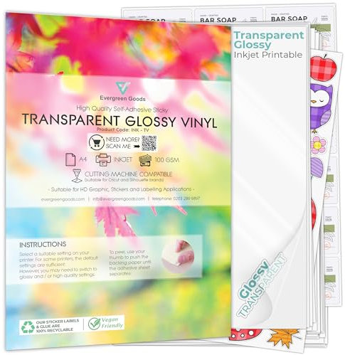 Evergreen Goods - 50 hojas de papel adhesivo de vinilo transparente brillante A4, imprimible por inyección de tinta, haz tus propias pegatinas, haz PVC transparente para organización, no impermeable