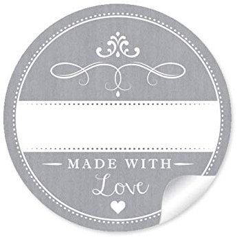 24 STICKER Edle Aufkleber in Grau mit Herz und Ornamente Made with Love mit Freitextfeld Papieraufkleber Sticker/Etiketten im 4 cm, rund, matt
