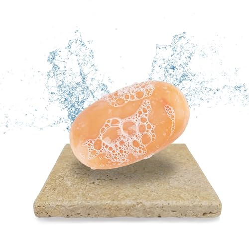 Moderne Travertin Seifenschale echter Naturstein/inkl. Antirutschfüße/auch als Glas-Untersetzer oder für Deko, Pflanzen, Raclette / 10x 10 cm (Hellbraun)
