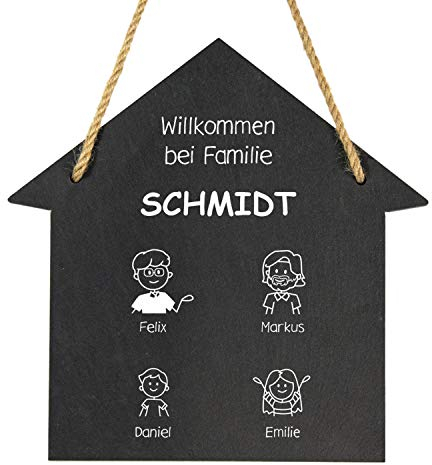 Geschenke 24 Schiefertafel personalisiert Hausform Willkommen im Comic Stil (4 Figuren): Türschild Familie Eingangstür Haustür - Schiefertafel mit Gravur - Geschenke, Wanddeko