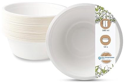 GREENBOX Vajilla desechable, cuencos de caña de azúcar, vajilla compostable, biodegradable, platos hondos, cuencos para pasta, 50 cuencos para sopa de 500 ml, redondos 15 cm, color blanco