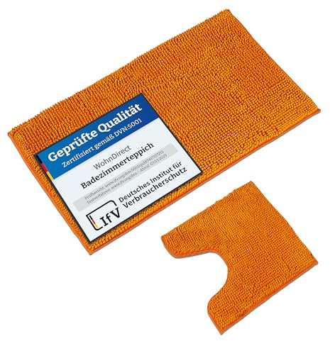 WohnDirect Badematten Set 2 teilig Orange • WC Vorleger (45x45cm), Badematte (70x120cm) • rutschfest waschbar Badezimmerteppich MIT WC-Ausschnitt