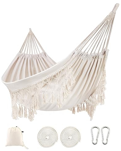 ROOITY Indoor-Hängematte mit Makramee-Fransen für 2 Personen, doppelte Boho-Hängematten mit Quasten, tragbare Baumwollseil, Hamaca-Schaukel mit Reisetasche für draußen, Veranda, bis zu 227 kg, weiß